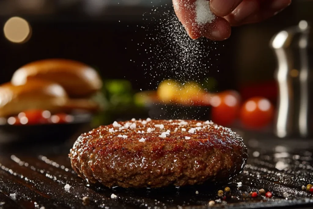 A sizzling smash burger patty on a hot griddle, seasoned simply with kosher salt and freshly ground black pepper, highlighting the golden crust and juicy texture.