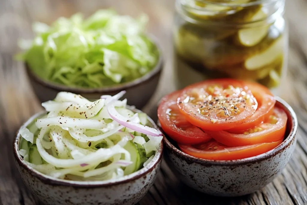 Four small bowls with fresh ingredients: shredded lettuce, thinly sliced onions, tomato slices, and special sauce, centered around a jar of pickles on a rustic wooden surface.