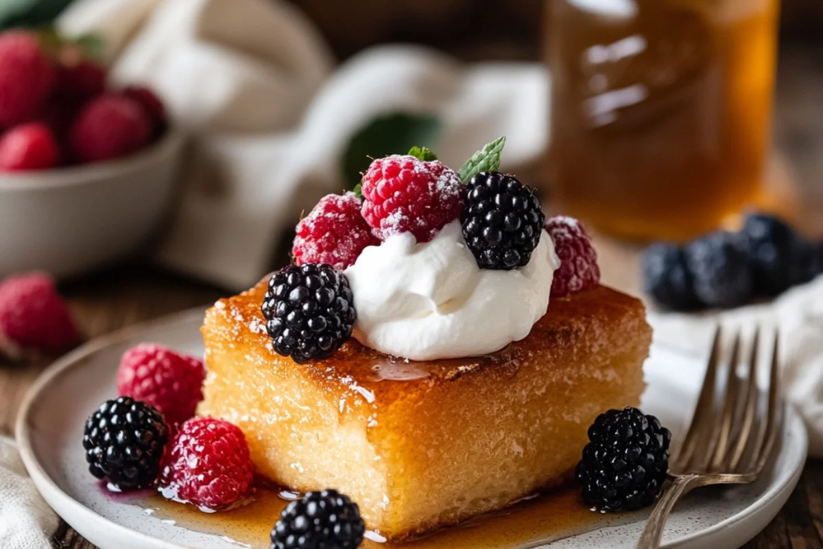 Front view of a plated sourdough dessert with golden, caramelized sourdough bread topped with whipped cream, fresh berries, and a drizzle of honey, served on a white plate with a fork, set on a wooden countertop with a jar of honey, a bowl of berries, and a folded napkin.