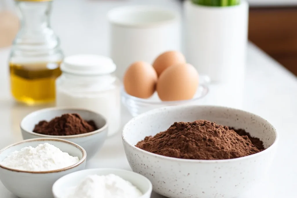 Front view of ingredients for a sourdough dessert, each in separate bowls on a clean white countertop: active sourdough starter, sugar, cocoa powder, baking soda, vanilla extract, buttermilk, eggs, and vegetable oil, neatly arranged in a bright and organized workspace.