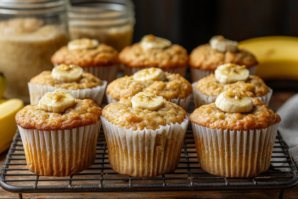 Front view of freshly baked sourdough banana muffins on a cooling rack, golden brown with cracked tops, surrounded by a bowl of mashed bananas, a jar of sourdough starter, and chopped nuts on a clean wooden countertop.