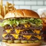 Triple Smash Burger on a white plate with three crispy beef patties, melted cheese, lettuce, pickles, onions, and burger sauce. Served on a white table with a basket of fries and a soda in a paper cup on a glass table, creating a fresh, casual dining vibe.