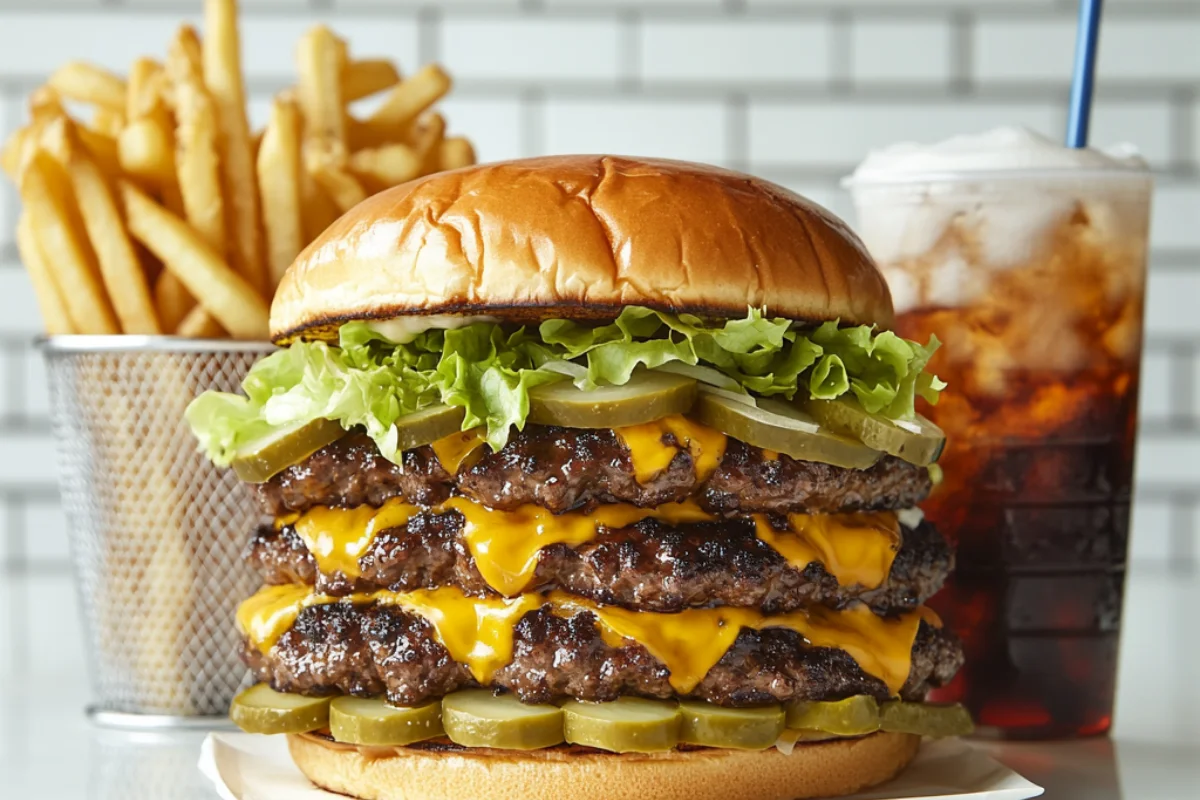 Triple Smash Burger on a white plate with three crispy beef patties, melted cheese, lettuce, pickles, onions, and burger sauce. Served on a white table with a basket of fries and a soda in a paper cup on a glass table, creating a fresh, casual dining vibe.