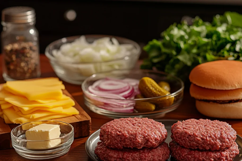 Front-view photo of clean, organized workspace with ingredients for a Triple Smash Burger. Ground beef in a glass bowl, burger buns on a plate, American cheese slices on a dish, butter in a small ramekin, and salt and pepper in pinch bowls. Optional toppings like lettuce, pickles, and onions are in separate bowls on a wooden table with natural lighting.