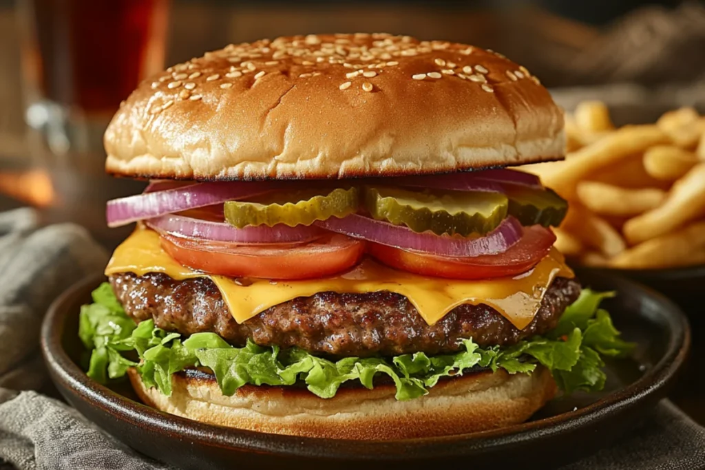 Traditional Burgers served on a rustic plate with juicy beef patties, melted cheese, lettuce, tomato, onions, pickles, and a drizzle of ketchup and mustard. The background includes fries, a soda glass, and a napkin on a wooden table with natural lighting for a cozy, homemade feel.