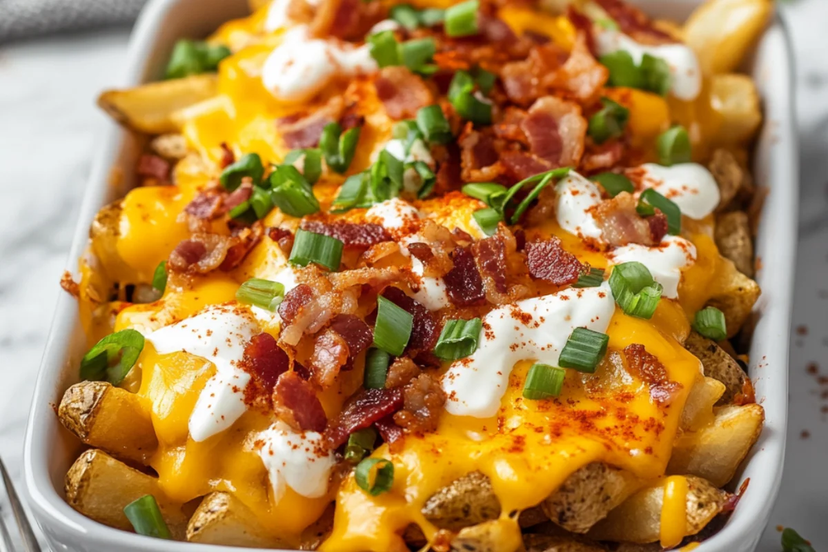 Loaded fries served in a stylish white ceramic dish, topped with melted cheddar cheese, crispy bacon bits, chopped green onions, and a drizzle of sour cream, set on a marble countertop with a fork and napkin nearby.