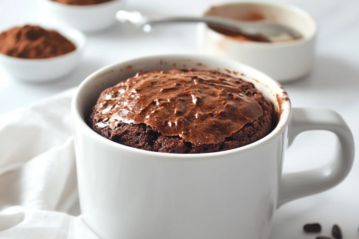 Protein mug brownie in a white ceramic mug with a gooey center, topped with melted chocolate, cocoa powder, and chocolate chips, on a clean kitchen counter.