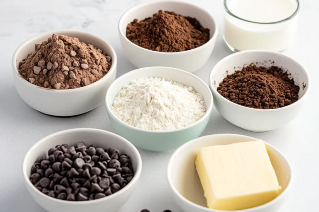 Front view of protein mug brownie ingredients in separate small bowls on a clean white countertop: protein powder, cocoa powder, flour, baking powder, sweetener, milk, butter, and chocolate chips, arranged in a bright and tidy workspace.