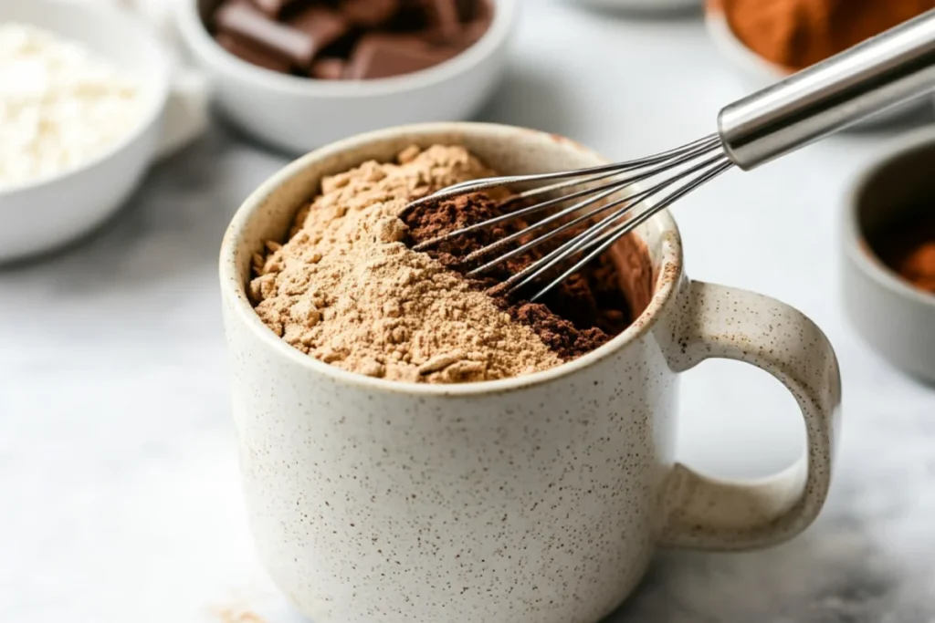 Front view of a mug on a clean white countertop with protein powder, almond flour, cocoa powder, and baking powder being stirred with a small whisk, surrounded by neatly arranged ingredient bowls in a bright, organized workspace.