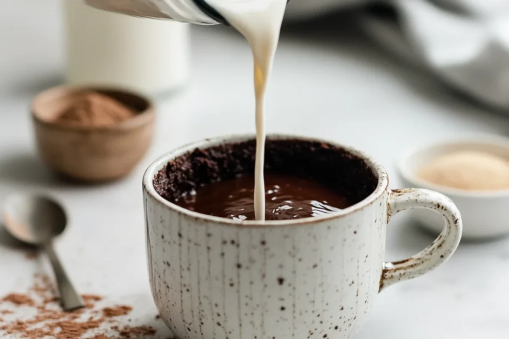 Front view of a mug on a clean white countertop with milk being poured into dry ingredients for a protein mug brownie, surrounded by a small bowl of sweetener and a milk container in a tidy, well-lit workspace.