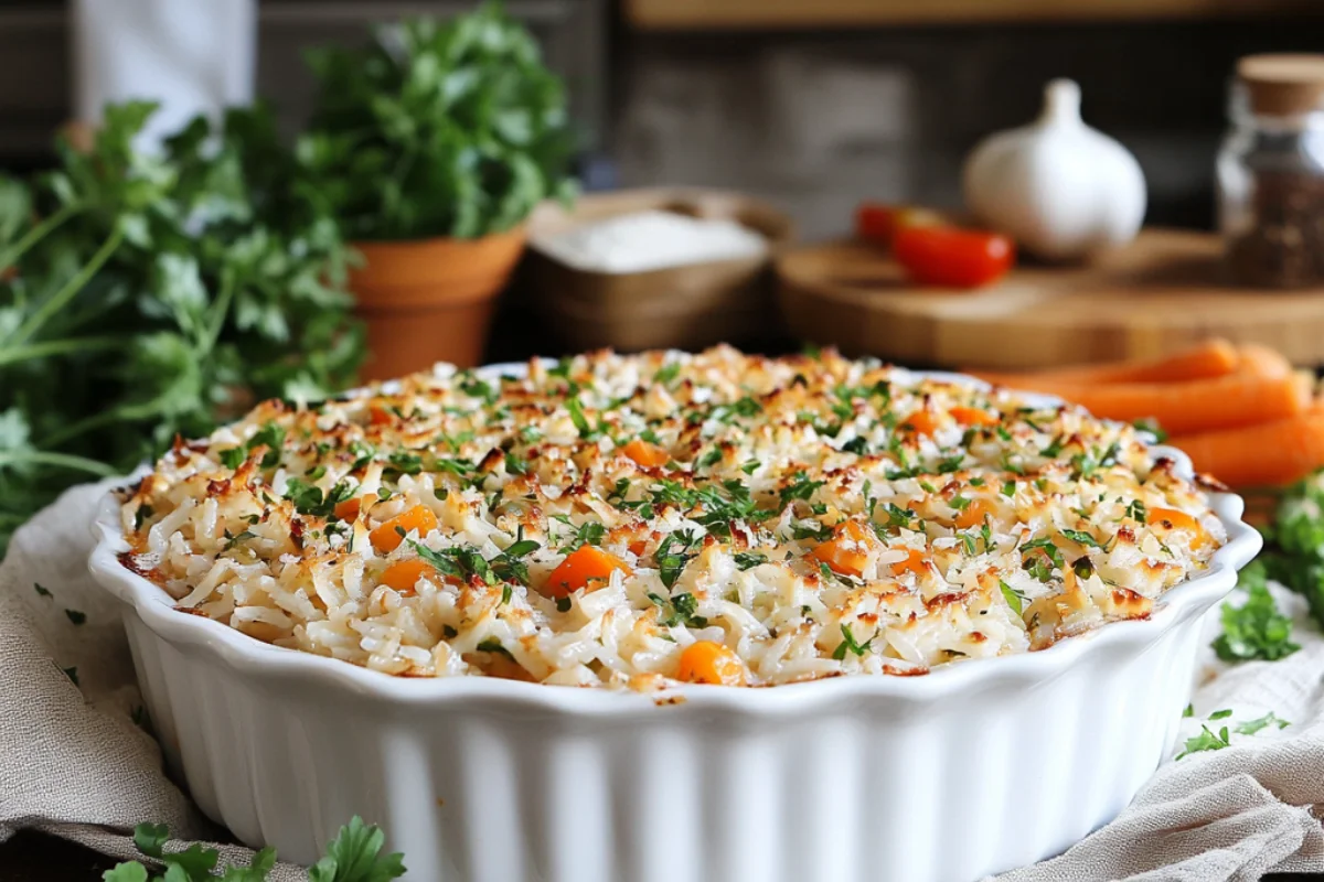 Rice casserole in a white dish with golden edges, garnished with herbs, on a wooden table in a rustic kitchen setting.