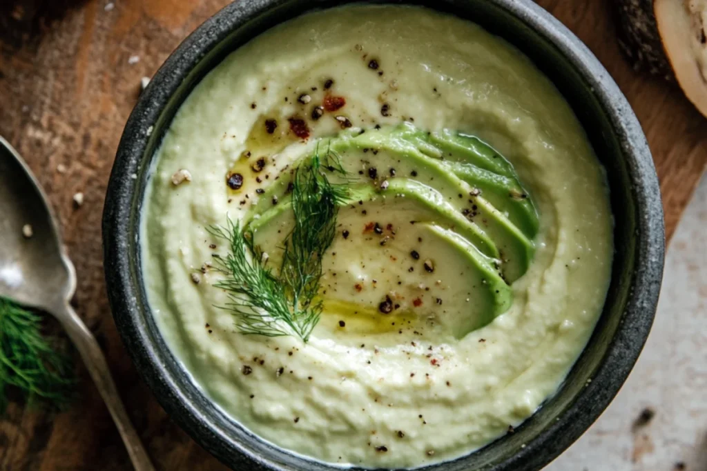  A spoonful of creamy avocado, perfectly mashed for a smooth yet slightly chunky texture. The vibrant green color and rich consistency make it ideal for spreading or topping dishes. Natural lighting enhances its fresh, appetizing look.