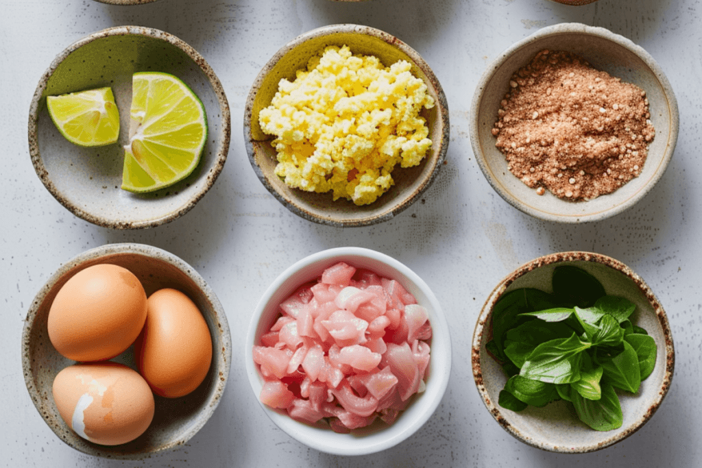 A top-down view of six small bowls on a white surface, each containing fresh cooking ingredients: raw ground chicken, minced garlic and chopped onion, golden breadcrumbs, a cracked egg with yolk and whites, freshly squeezed lime juice, and a mix of seasonings. The natural lighting highlights the textures and colors, creating a clean and organized presentation.