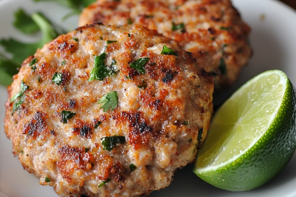 A plate of golden-brown chicken patties, crispy on the outside and tender on the inside. The patties are made with ground chicken, garlic, onion, breadcrumbs, egg, lime juice, and seasonings. Garnished with fresh herbs and served on a rustic plate with a side of dipping sauce. Natural lighting highlights the crispy texture and juicy interior.