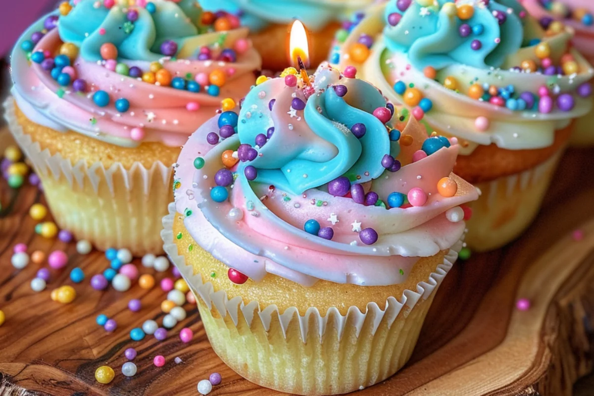 A batch of festive birthday cupcakes with swirls of colorful frosting, topped with sprinkles and lit candles. Soft natural lighting highlights their fluffy texture and vibrant decorations, creating a cheerful, homemade feel.