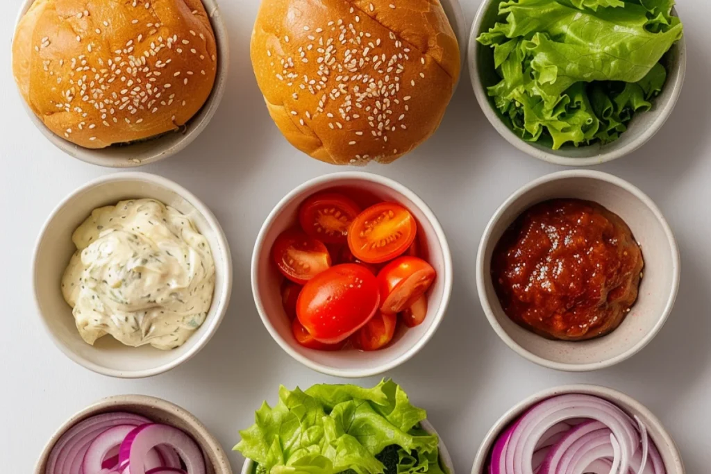 A top-down view of five bowls on a white surface, each containing fresh burger ingredients: soft brioche or whole wheat buns, crisp lettuce, juicy tomato slices, thinly sliced red onions, and creamy spicy mayo. Natural lighting highlights the textures and colors, creating a clean and organized presentation.