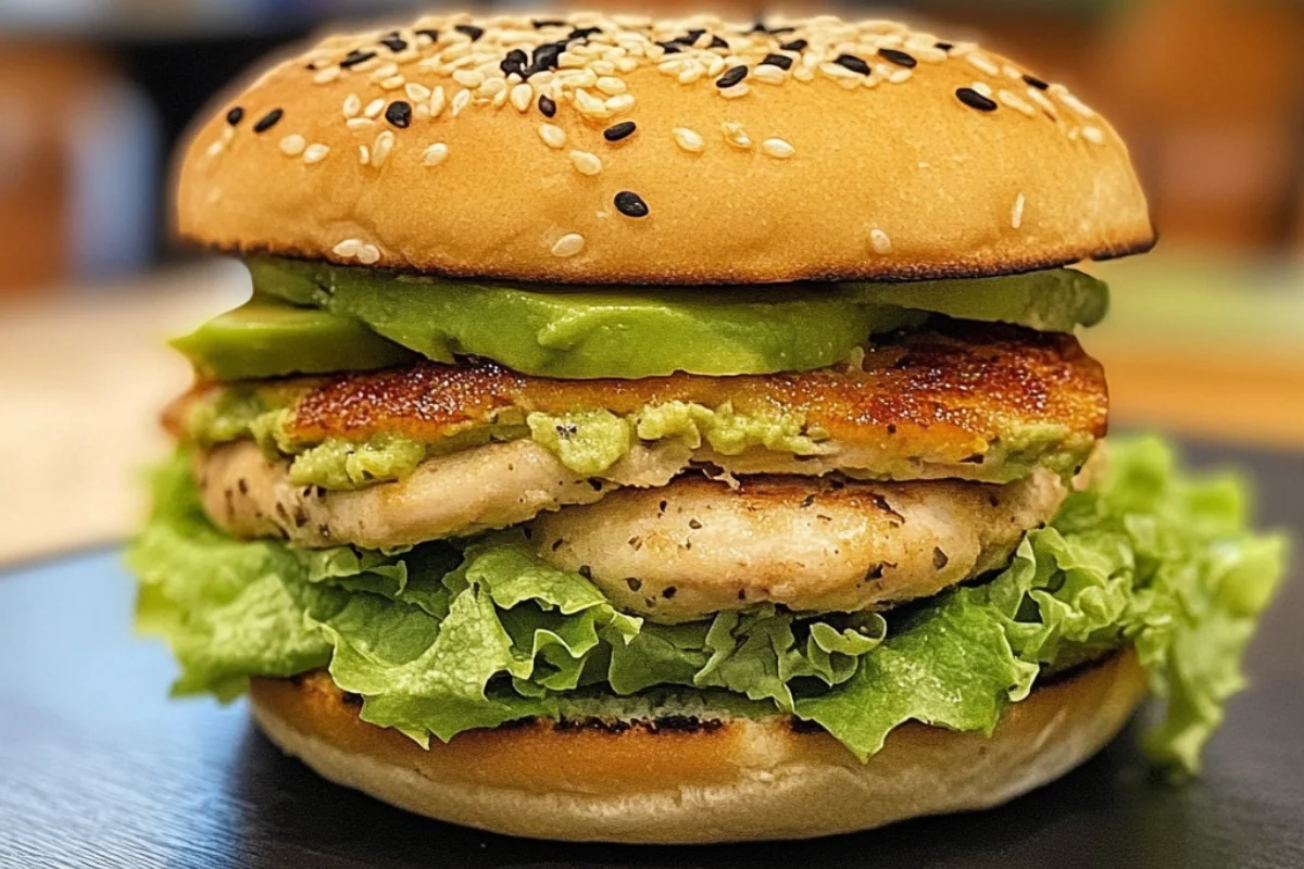 A close-up of a juicy Avocado Chicken Burger on a toasted brioche bun. The grilled chicken breast is golden-brown with slight charring, topped with creamy mashed avocado, fresh lettuce, ripe tomato slices, and thinly sliced red onions. A drizzle of garlic aioli adds a rich finish. Served on a rustic plate with a side of crispy fries. Warm, natural lighting highlights the textures and colors for an appetizing, homemade feel.