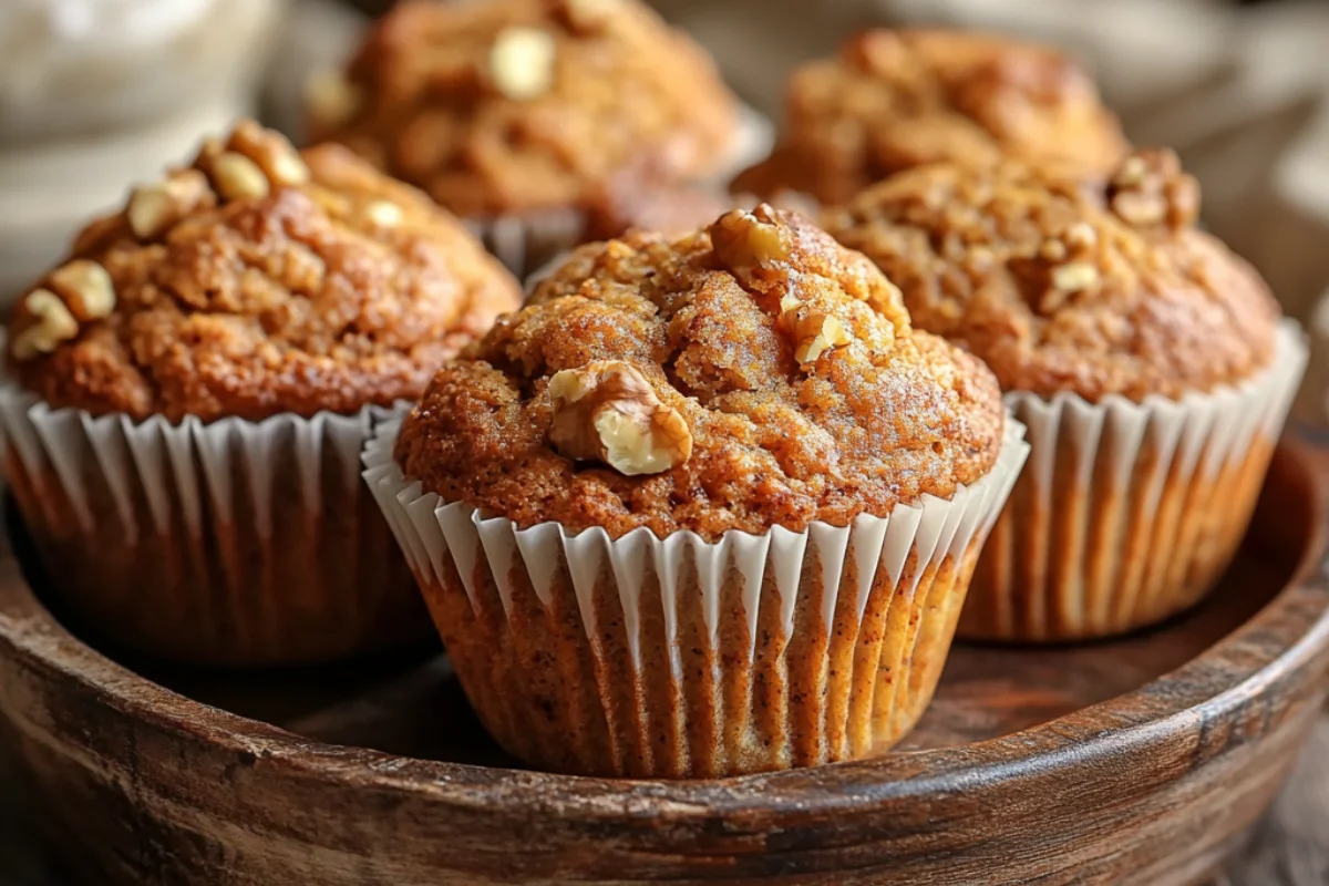 A close-up of homemade carrot cake muffins with a golden-brown color, arranged in a beautiful ceramic dish with subtle patterns. Flecks of grated carrot and chopped walnuts are visible. The dish sits on a rustic wooden table with soft natural lighting, creating a cozy kitchen atmosphere.