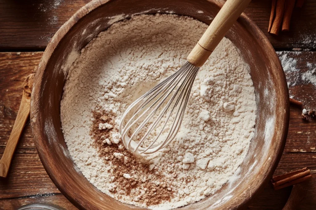  A top-down view of a large mixing bowl with all-purpose flour, baking powder, baking soda, cinnamon, nutmeg, and salt. A whisk rests inside, ready to mix. The wooden countertop has scattered spices and measuring spoons, creating a cozy baking scene.