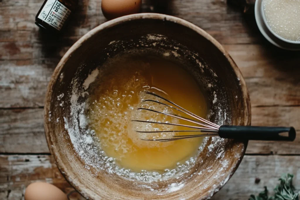 A close-up of a mixing bowl with vegetable oil, brown sugar, white sugar, eggs, vanilla extract, and milk. A whisk is partially submerged, blending the smooth, golden mixture. The wooden countertop holds scattered baking essentials, creating a cozy kitchen scene.