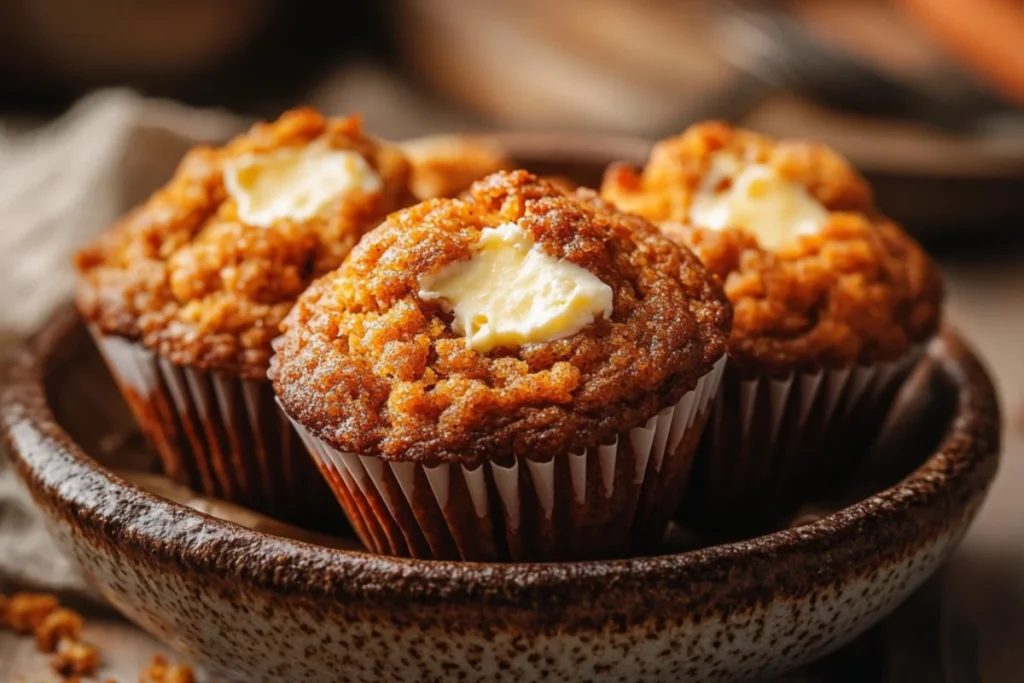 A close-up of freshly baked carrot cake muffins with a golden-brown color, featuring a creamy, slightly melted cream cheese center. The muffins are arranged in a ceramic dish on a rustic wooden table, with soft natural lighting creating a cozy, homemade feel.