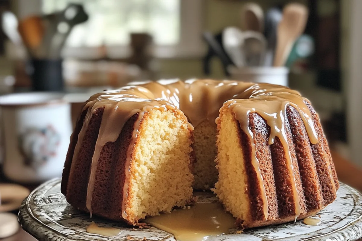 A homemade Bundt cake with a golden brown crust and a light glaze dripping down the sides, placed on a kitchen countertop. A slice is cut out, revealing its soft, moist interior. The background includes a coffee mug, a flour bag, and a wooden spoon, with natural lighting from a nearby window. Casual, amateur food photography style.