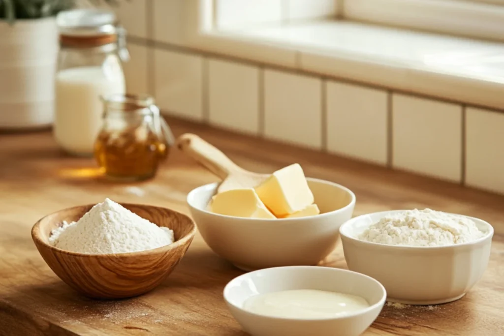 A clean and organized kitchen workspace with a wooden countertop. Four small bowls in the front view contain buttermilk, butter, all-purpose flour, and a sweetener (sugar or honey). The ingredients are fresh and neatly arranged, with soft natural lighting enhancing their textures. A blurred background keeps the focus on the ingredients.
