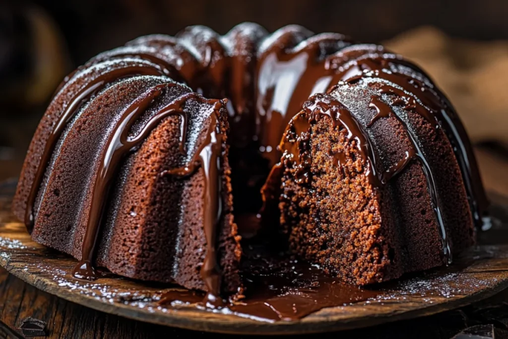 A stunning Red Velvet Bundt cake with a deep red hue, drizzled with creamy white cream cheese glaze. A slice is cut to show the soft, velvety interior. Garnished with red velvet crumbs and powdered sugar, with warm lighting highlighting its rich texture.