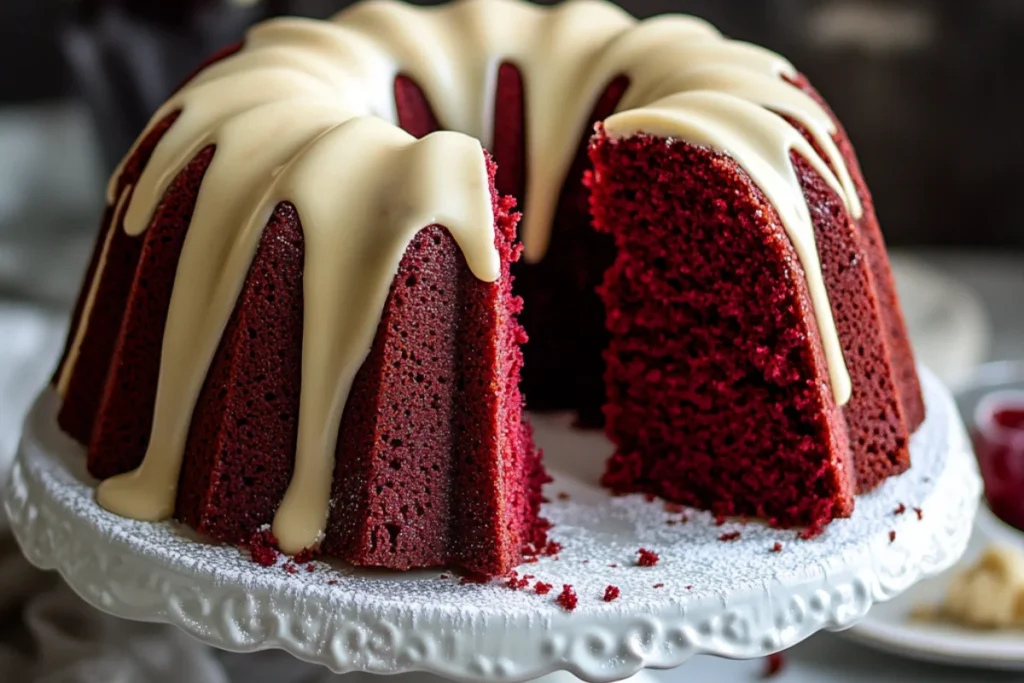 A stunning Red Velvet Bundt cake with a deep red hue, drizzled with creamy white cream cheese glaze. A slice is cut to show the soft, velvety interior. Garnished with red velvet crumbs and powdered sugar, with warm lighting highlighting its rich texture.
