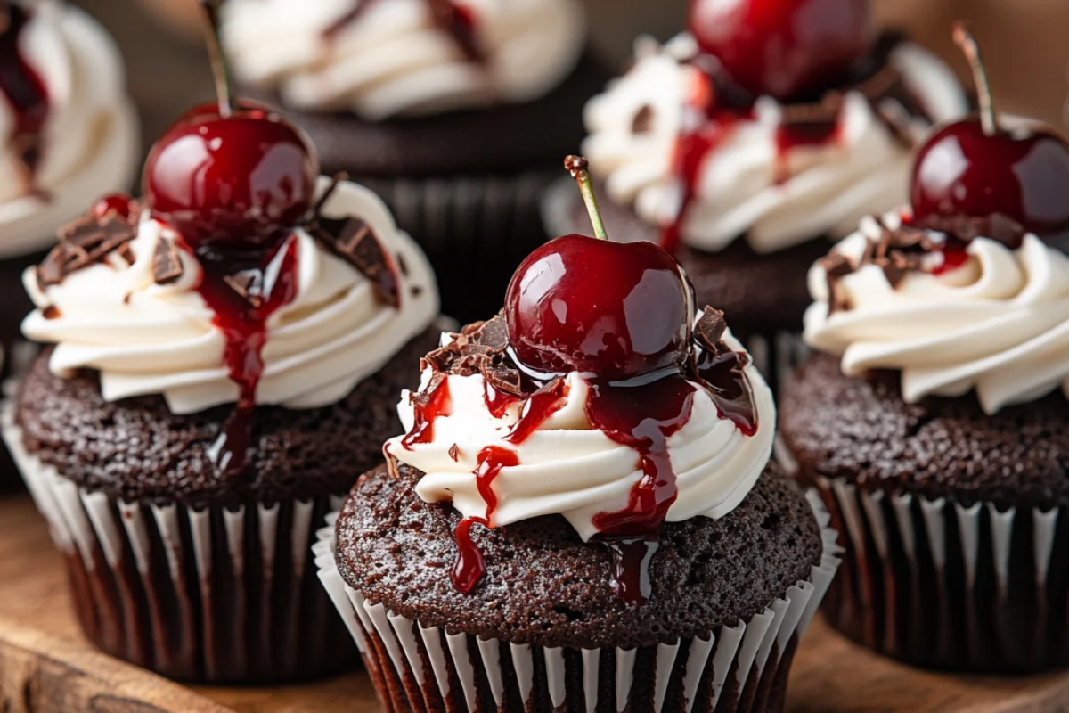 A batch of rich Black Forest Cupcakes with dark chocolate bases, topped with fluffy whipped cream, glossy cherry compote, and chocolate shavings. A whole cherry sits on top of each cupcake. One cupcake is cut open, revealing a moist chocolate interior with a cherry filling. Warm lighting highlights the textures and deep colors.