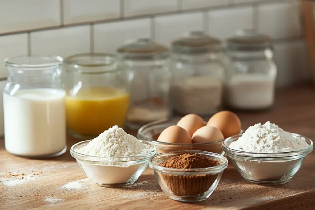 A clean, well-lit kitchen workspace with a wooden countertop. In the front view, small glass and ceramic bowls are neatly arranged, each containing essential cupcake ingredients: all-purpose flour, Dutch-processed cocoa powder, granulated sugar, fresh eggs, milk, melted butter (or oil), baking powder, baking soda, and vanilla extract. The textures and colors of each ingredient are clearly visible, with soft natural lighting enhancing their details. The background is blurred to keep the focus entirely on the ingredients.