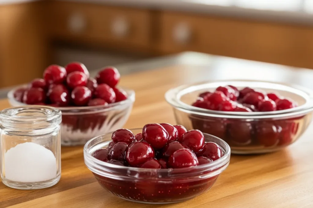 A clean, well-lit kitchen workspace with a wooden countertop. In the front view, small bowls contain cherry pie filling, fresh or frozen cherries, and granulated sugar. A small glass of Kirsch sits nearby as an optional ingredient. The vibrant red cherries and glossy texture of the filling stand out under soft natural lighting. The background is blurred to keep the focus on the ingredients.