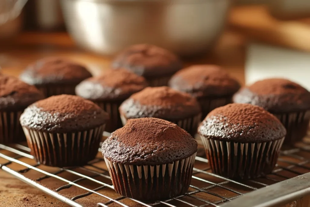 A tray of freshly baked chocolate cupcakes cooling on a wire rack in a well-lit kitchen. The cupcakes have a rich, dark brown color with slightly domed tops, showing their soft and moist texture. Warm natural lighting highlights the deep chocolate tones, with a blurred mixing bowl and whisk in the background.