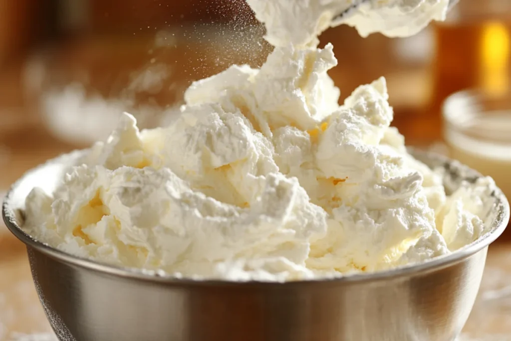 A chilled stainless steel mixing bowl filled with freshly whipped cream. A hand mixer is lifted, showing stiff peaks forming. Powdered sugar is lightly dusted on the surface, with a small glass bowl of vanilla extract nearby. Warm natural lighting highlights the creamy texture.