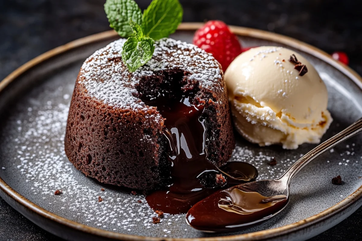 A rich, dark chocolate lava cake with a crisp outer layer and a warm, gooey molten chocolate center oozing onto a white plate. Lightly dusted with powdered sugar, the dessert is paired with a scoop of melting vanilla ice cream and a drizzle of glossy chocolate sauce. Fresh raspberries and mint leaves add a pop of color, enhancing the indulgent presentation. Warm, moody lighting highlights the rich textures and deep chocolate tones.