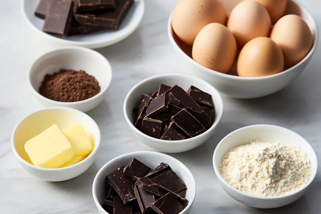 A clean, organized baking workspace with small bowls in front view, each holding key ingredients: chopped dark chocolate, unsalted butter, eggs and egg yolks, granulated sugar, all-purpose flour, vanilla extract, salt, and a mix of butter and cocoa powder. Soft, natural lighting enhances the textures and colors, focusing on the ingredients for a precise and inviting preparation setup.