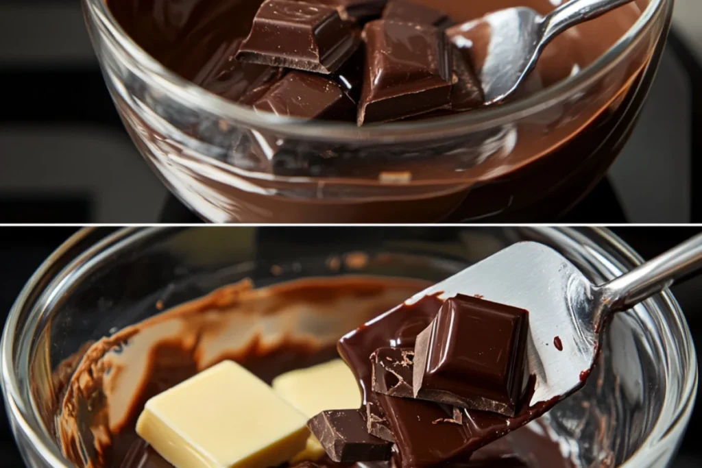 A close-up view of chocolate chunks and butter melting in a heatproof bowl over a saucepan with simmering water (double boiler method). A spatula stirs the glossy, smooth mixture as it melts. Alternatively, a microwave-safe bowl with partially melted chocolate and butter is shown, with a spoon stirring the mixture after heating in short intervals. Warm lighting enhances the rich chocolate tones, focusing on the melting process with a softly blurred background.
