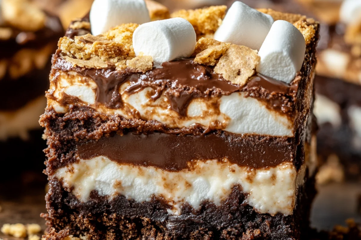 Gooey s’mores brownies with a fudgy chocolate base, melted marshmallows, and a golden graham cracker crust, served on a rustic wooden surface with chocolate chunks and crushed graham crackers scattered around.