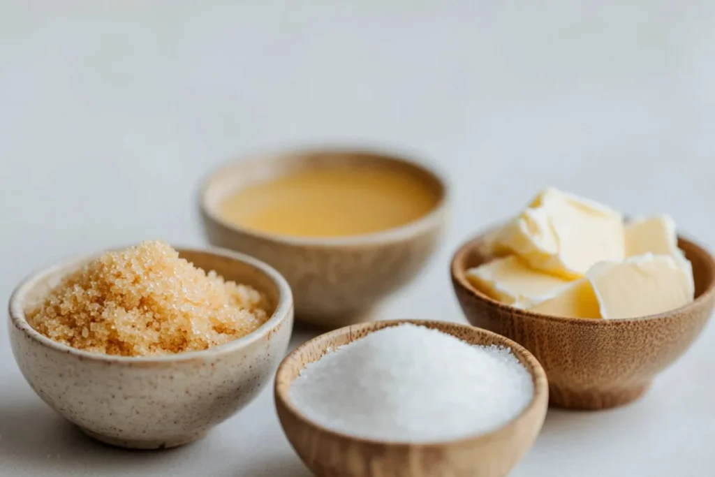 Three small bowls on a clean white countertop, filled with graham cracker crumbs, melted butter, and sugar, arranged neatly with soft natural lighting highlighting their textures