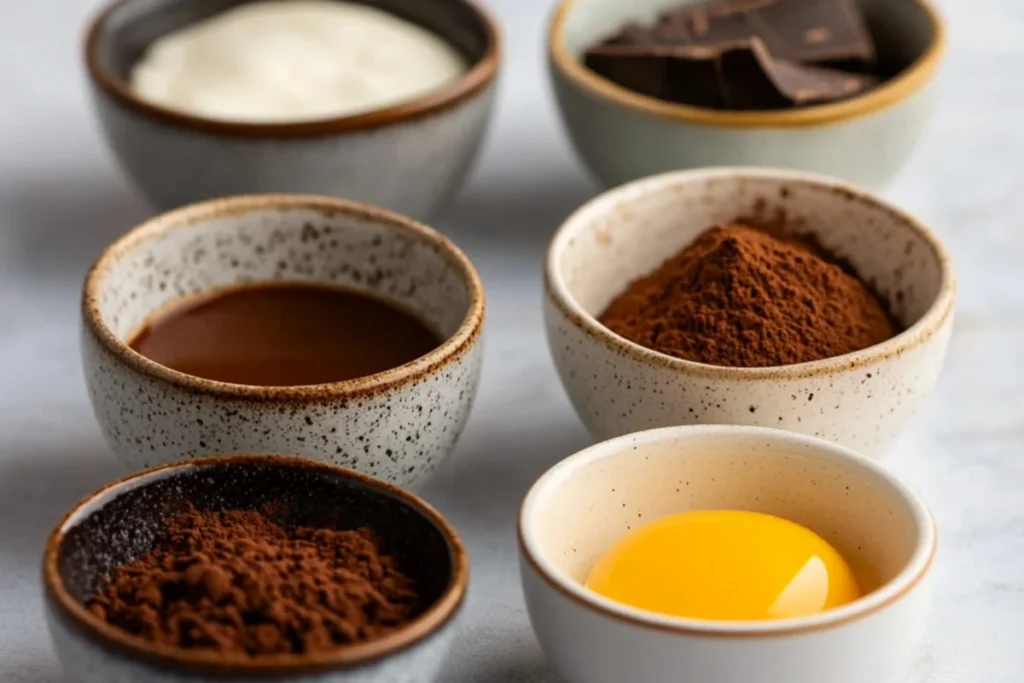 Six small bowls on a clean white countertop, each containing a key brownie ingredient: melted butter, sugar, a cracked egg, cocoa powder, vanilla extract, and flour, neatly arranged with soft natural lighting.