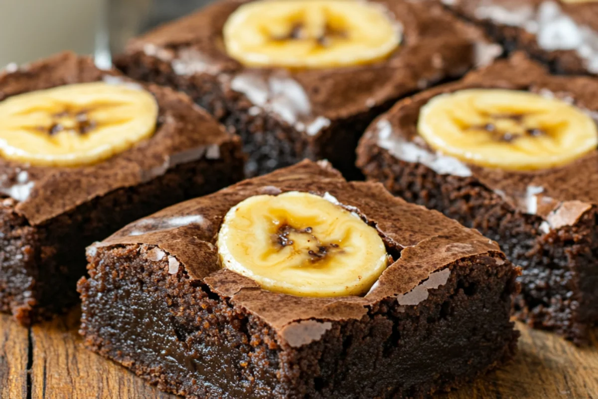 Close-up of homemade banana brownies with a fudgy texture, glossy cracked top, and melting chocolate chips, served on a wooden board with a glass of milk in the background.