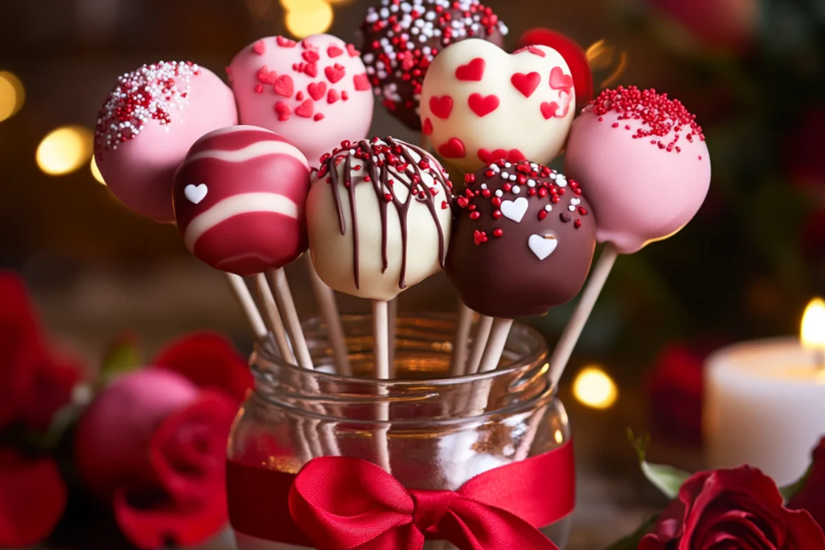 A set of Valentine's Day cake pops coated in pink, red, and white chocolate, decorated with heart-shaped sprinkles and chocolate drizzle. The cake pops are arranged in a glass jar tied with a red ribbon, with a soft, romantic background featuring roses and candles.