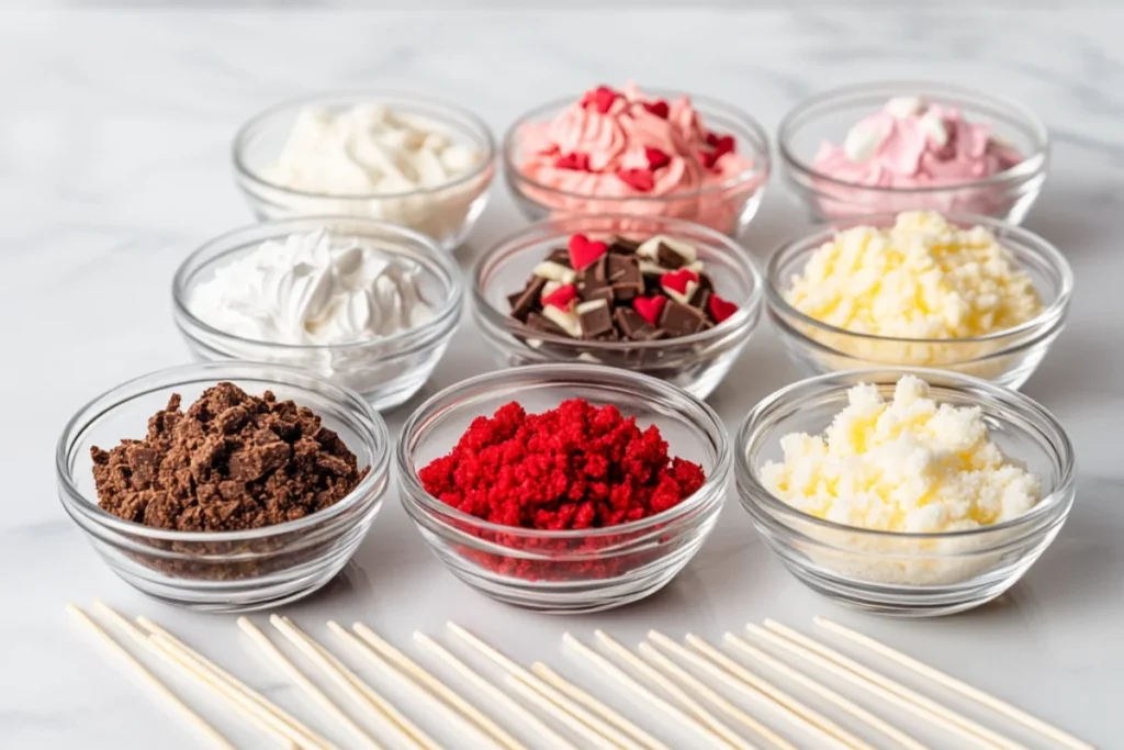 A clean, organized workspace with small glass bowls arranged in a front view, each containing ingredients for Valentine's Day cake pops—crumbled vanilla, chocolate, red velvet, and strawberry cake, buttercream frosting, cream cheese frosting, and store-bought frosting. Lollipop sticks are neatly placed beside the bowls on a bright, minimalistic surface.