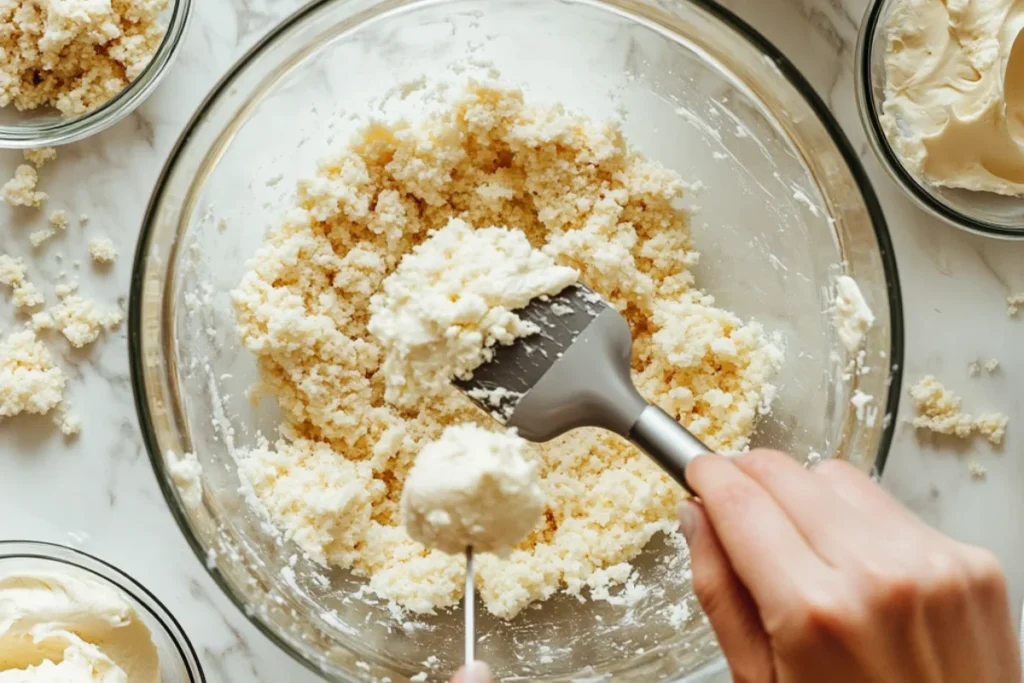 A kitchen workspace with crumbled cake in a bowl, mixed with frosting to form a dough-like texture. Hands or a food processor break the cake into fine crumbs, with small bowls of ingredients nearby.