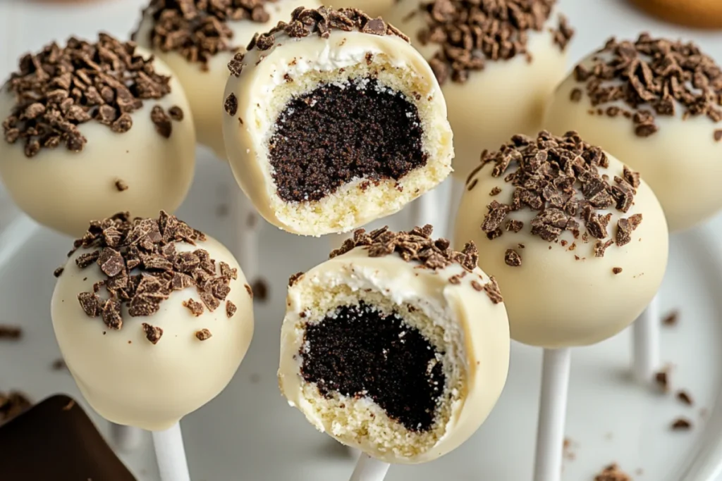 Cookies and cream cake pops coated in white chocolate, drizzled with dark chocolate, and topped with cookie crumbs or mini cookies. One is cut open, revealing a creamy cookies and cream filling. Arranged on a white plate with scattered cookies and crumbs in the background.