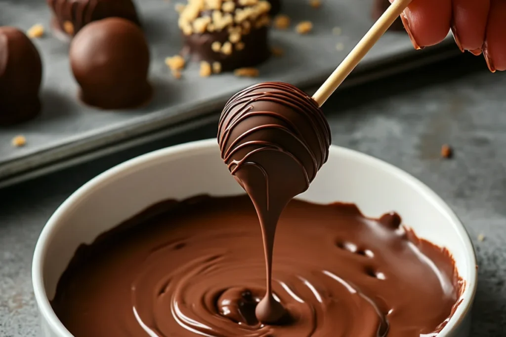 A hand dipping a cake pop into a bowl of smooth, melted chocolate, with another cake pop being tapped to remove excess coating. In the background, a tray of freshly dipped cake pops is visible, some decorated with cookie crumbs and chocolate drizzles.