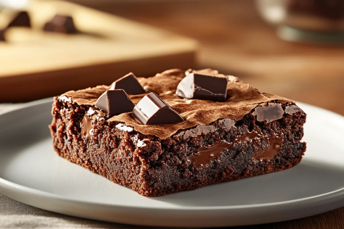 A close-up of a homemade Triple Chocolate Brownie with a rich, fudgy texture, gooey melted chocolate chunks, and a crackly top, served on a plate in a cozy kitchen with natural lighting. The photo has an authentic, amateur feel, resembling a high-quality shot taken with a Canon or Nikon camera.