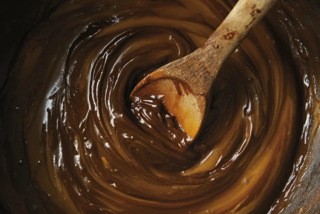 A rich, glossy mixture of melted chocolate and butter in a ceramic bowl, swirled smoothly with a wooden spoon. Warm natural light from a cozy kitchen highlights the creamy texture, creating an inviting homemade feel.