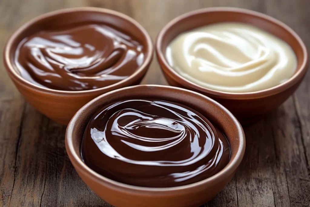 Three ceramic bowls filled with melted dark chocolate, milk chocolate, and white chocolate, each with a smooth, glossy texture. Warm natural light enhances the rich colors, creating a cozy homemade kitchen vibe.