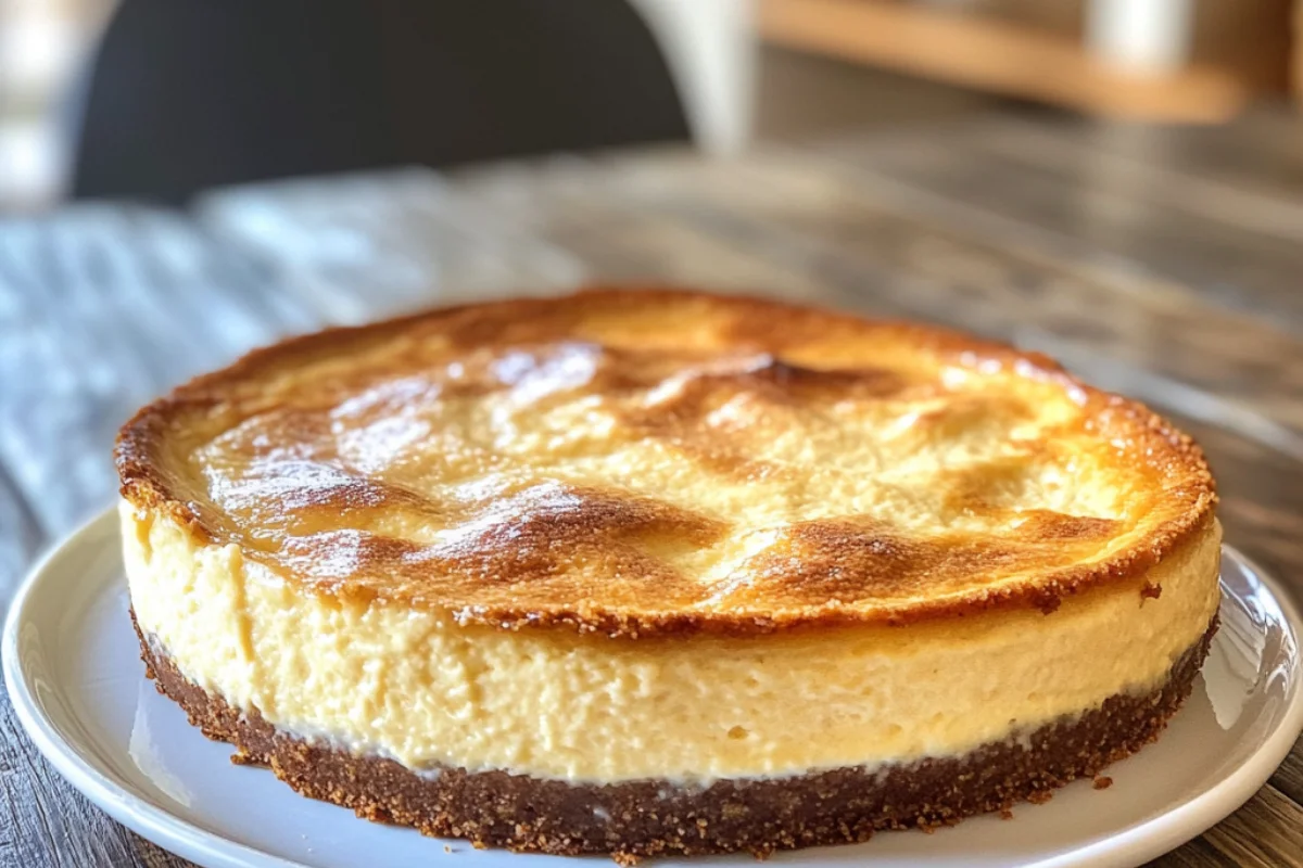 A close-up of a homemade keto cheesecake with a golden-brown almond flour crust, sitting on a white plate in a cozy kitchen with natural lighting. The creamy texture is highlighted, with a rustic wooden table in the background.